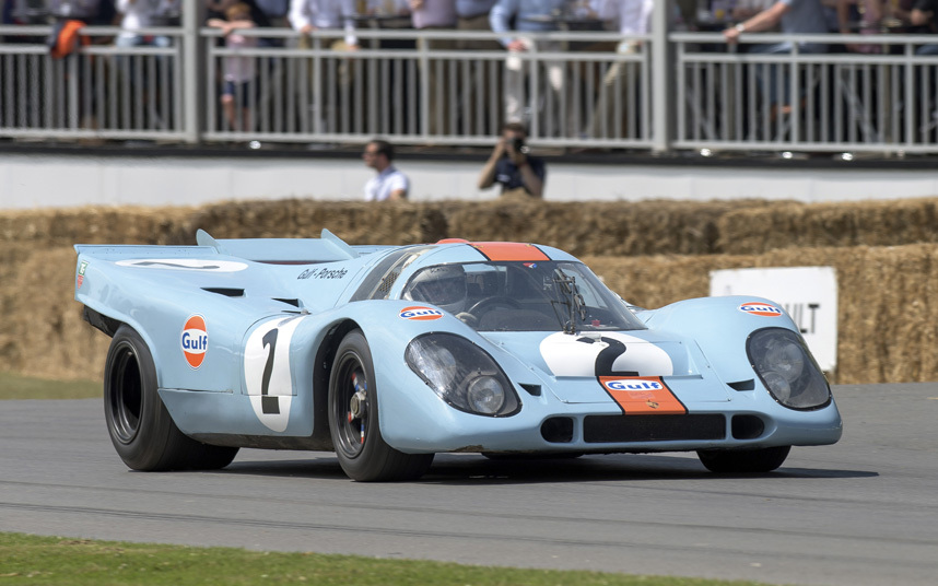 The most famous race car of all, the orange and blue Gulf Porsche 917K.